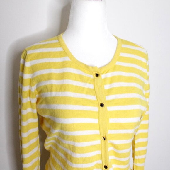 Liz Claiborne 100%  Cotton Yellow White Stripe Cardigan Sweater Size S - Picture 5 of 16